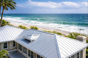 Coastal home with a prominently displayed metal roof.